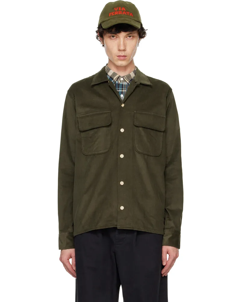 Drake's Khaki Corduroy Camp Collar Long Sleeve Shirt 400