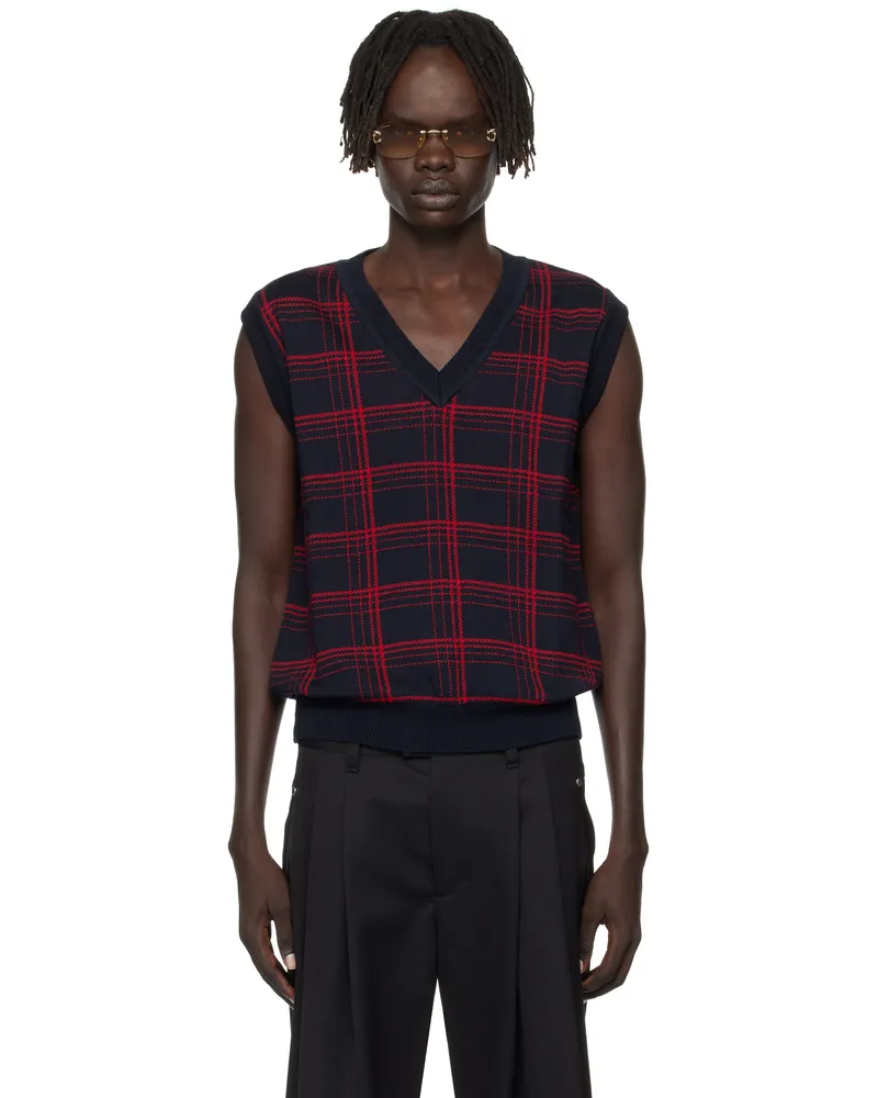 Ernest W. Baker Navy & Red Check Jacquard Vest Navy