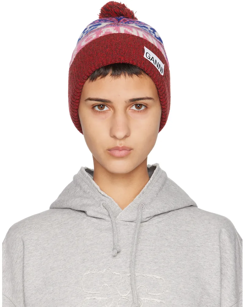 Ganni Red Graphic Wool Beanie 999