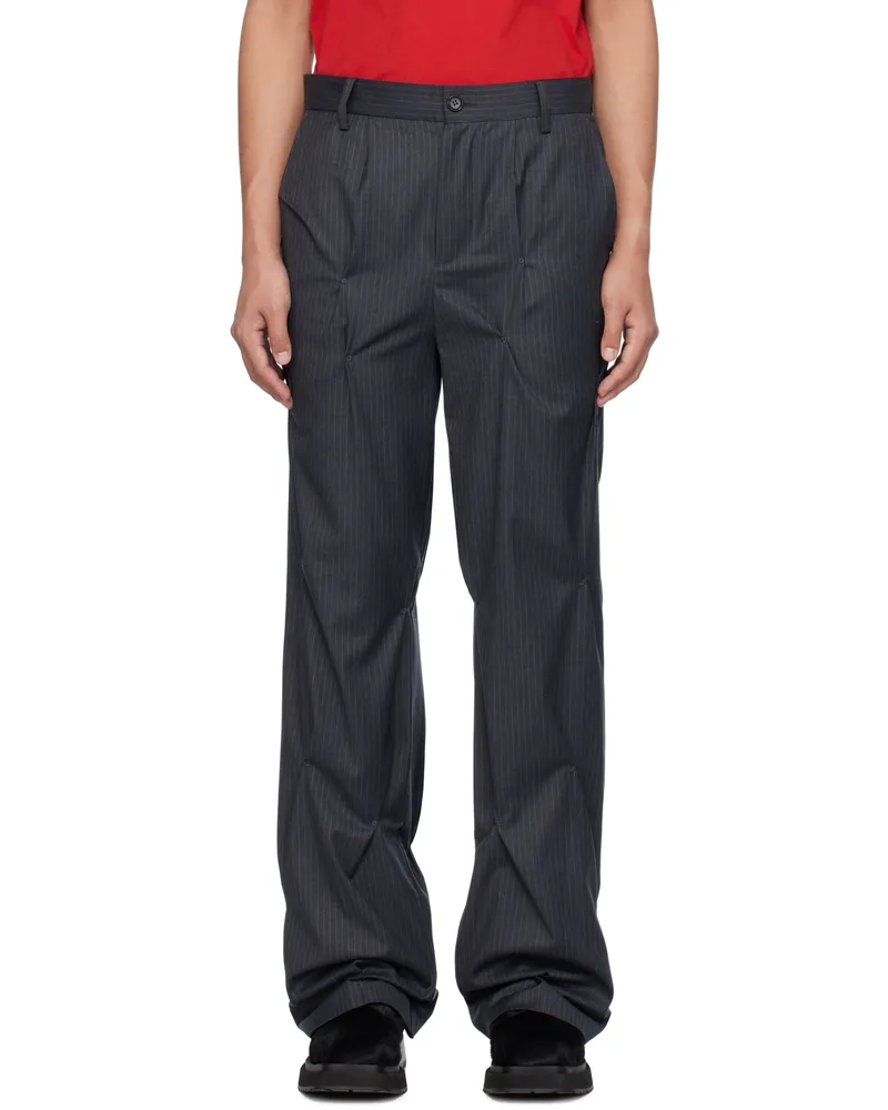 KUSIKOHC Gray Pinstripe Tailored Rivet Trousers Pinstripe