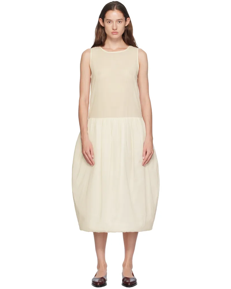 AMOMENTO Off-White Sheer Padded Balloon Midi Dress Ivory