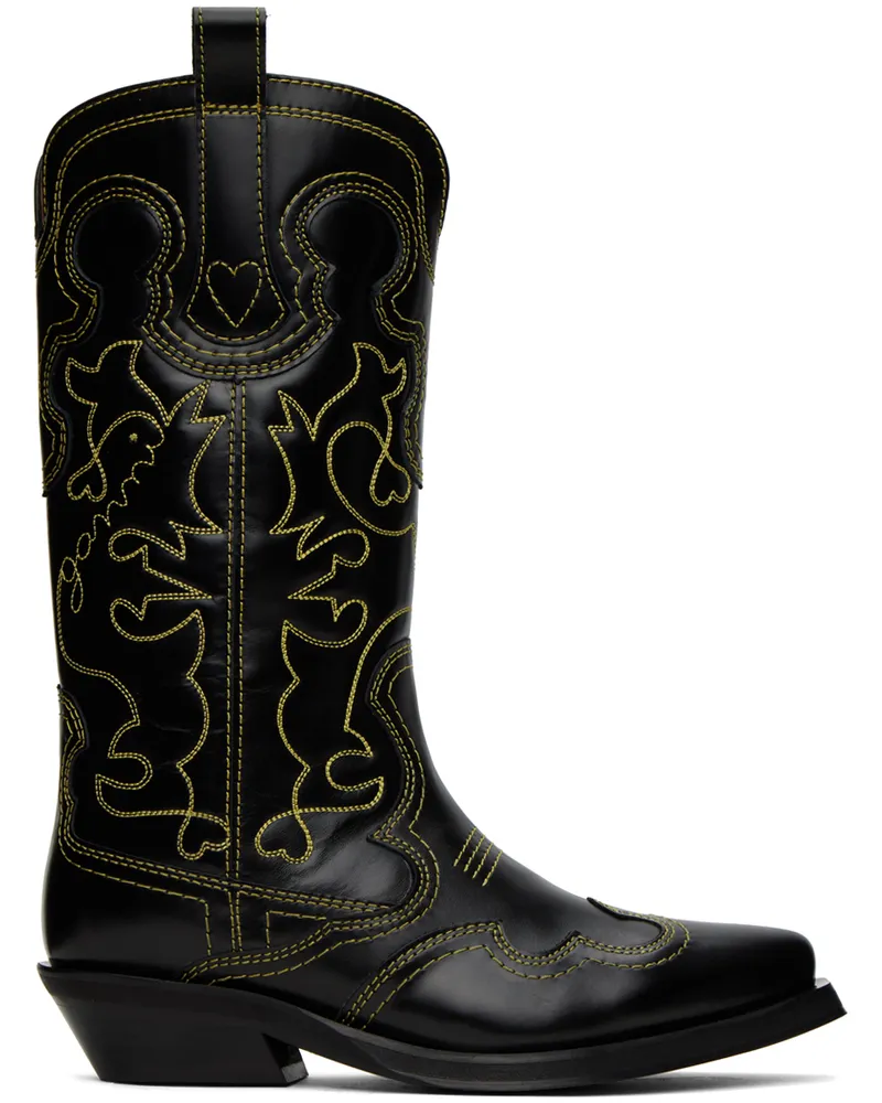 Ganni Black Mid Shaft Embroidered Western Boots 099