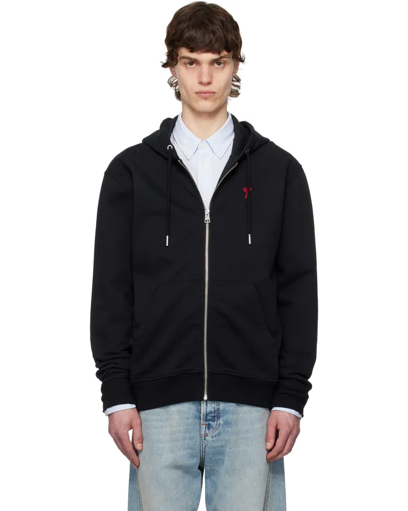 AMI Paris Black Cotton Ami de Coeur Zipped Hoodie 001