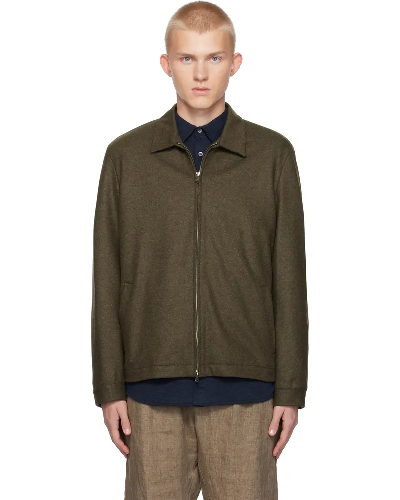 Sunspel Khaki Boiled Wool Zip Jacket Dark