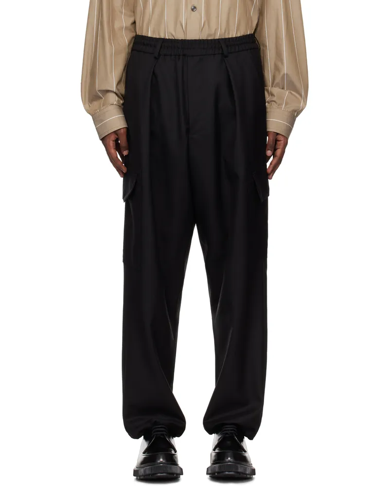 LOWNN Black Wool Twill Cargo Pants Black