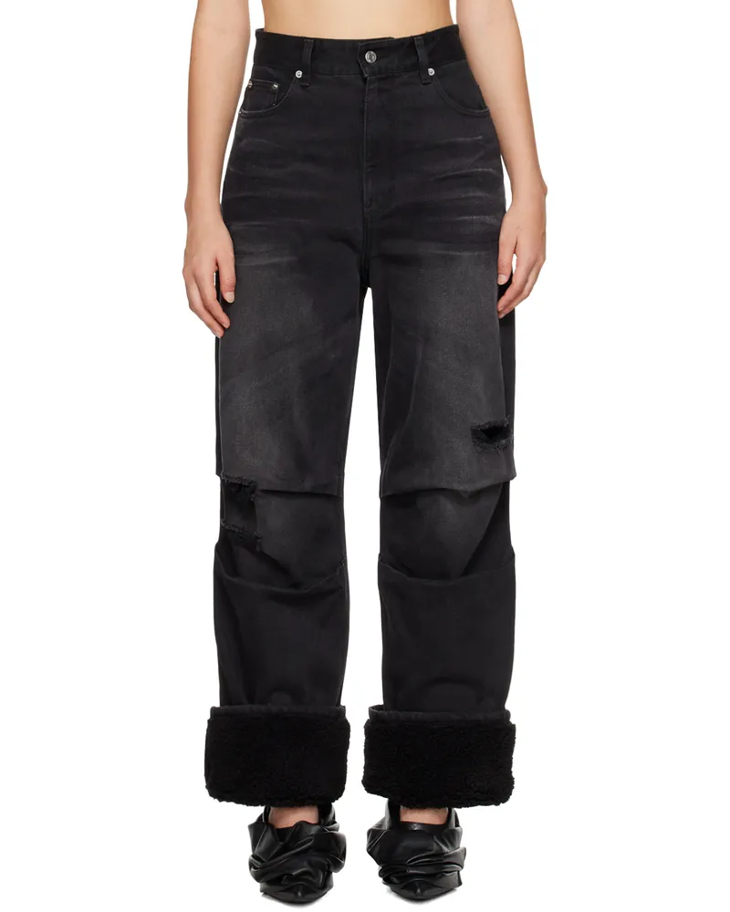 WE 11 DONE Black Shearling Cuff Jeans Black