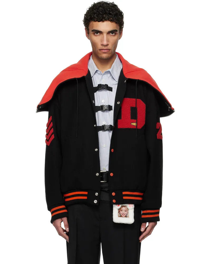 Doublet Black & Red Petal Mouth Hood Varsity Bomber Jacket Black