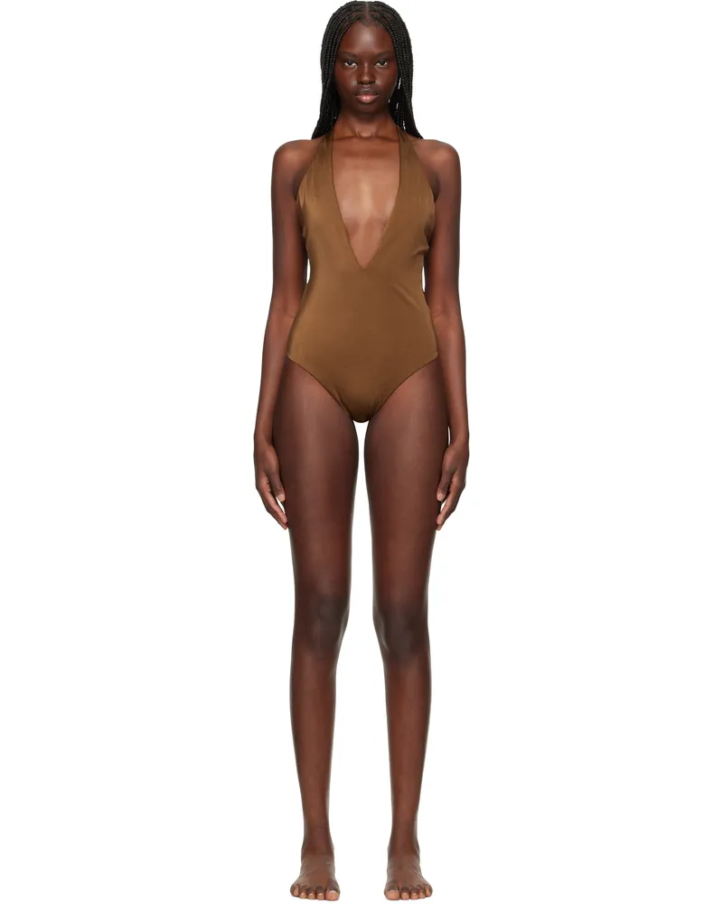 Versace Brown Tex Rodi Modulo Spilla Swimsuit 1ng80-tobacco