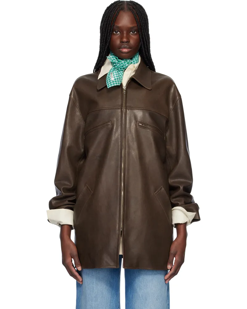AURALEE Brown Lamb Leather Long Zip Jacket Brown