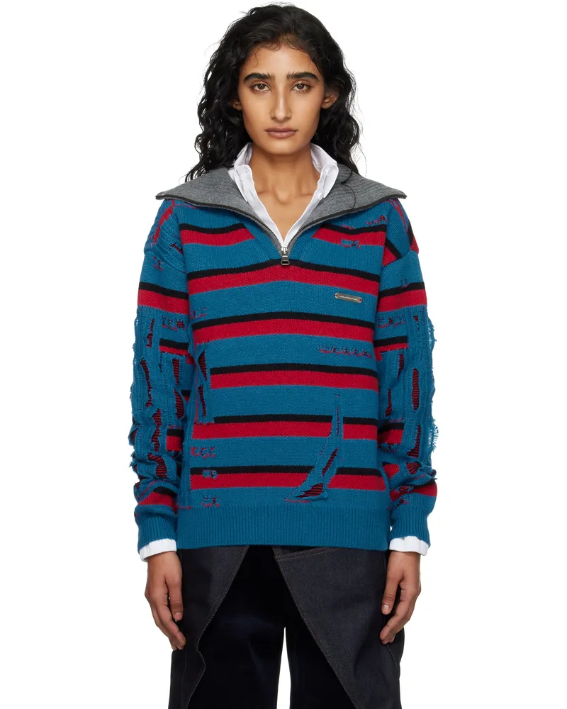 Andersson Bell Blue & Red Stripe Jacquard Half Zip-Up Sweater Mul