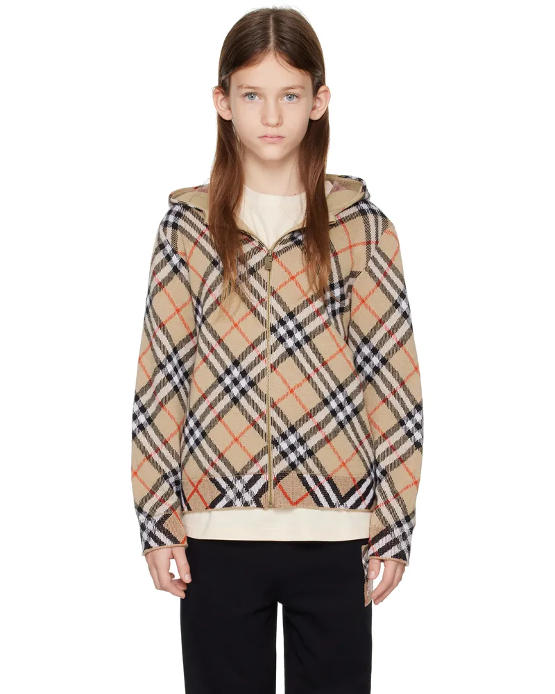 Burberry Kids Beige Check Wool Zip Hoodie Sand