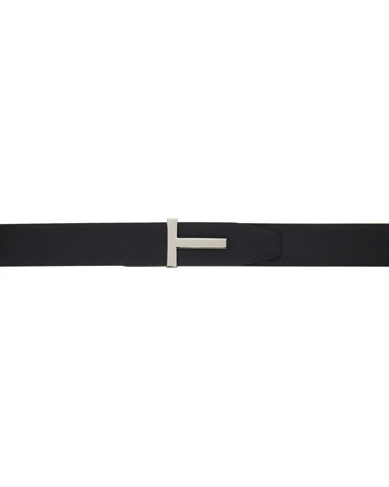 Tom Ford Black Soft Grain Leather Ridge T Reversible Belt Dark