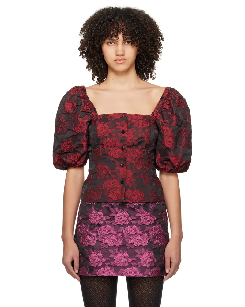 Ganni Black & Red Botanical Jacquard Blouse 472