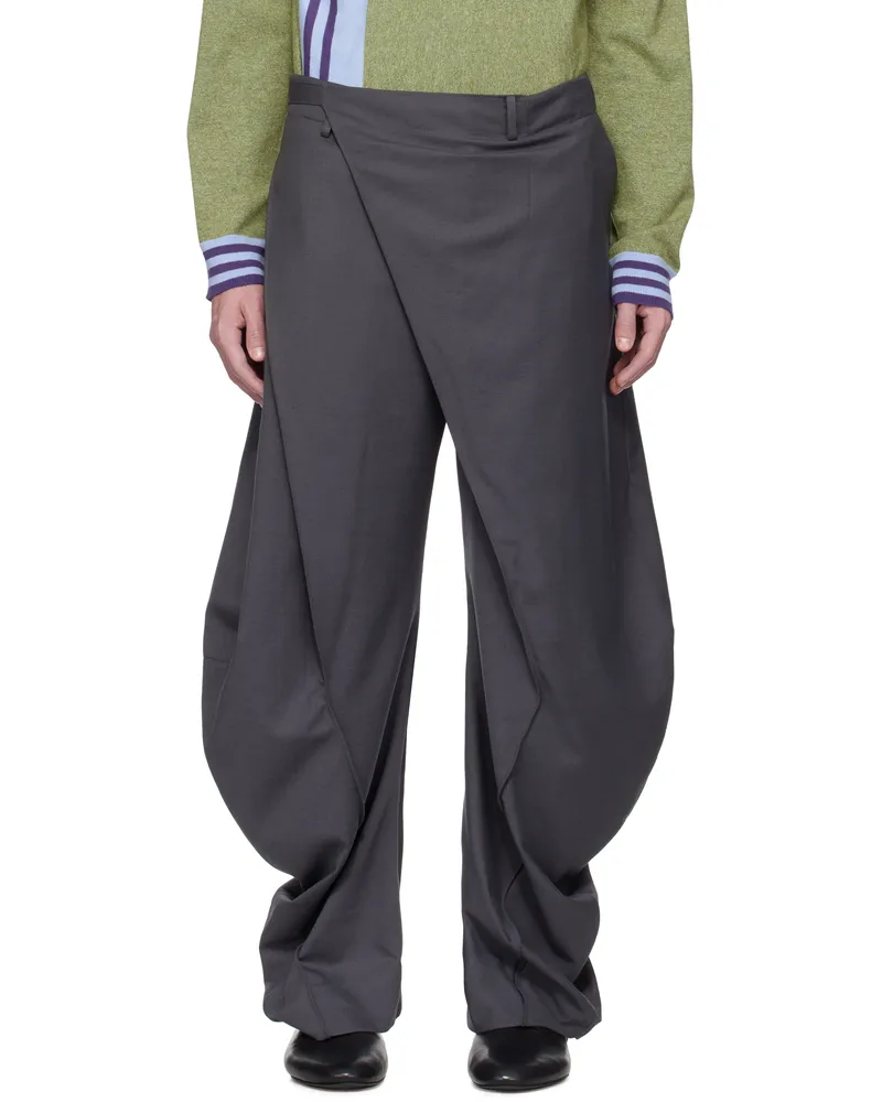 JiyongKim Gray Curved Wrap Trousers Grey