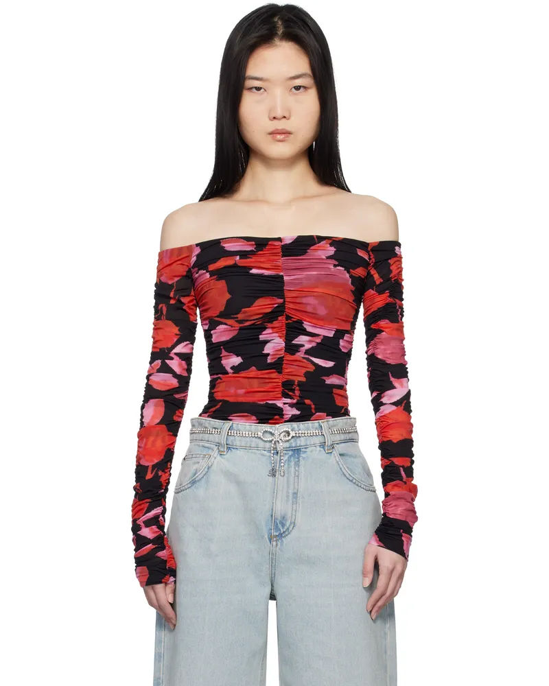 Blumarine Black & Red Printed Jersey Draped Top F9903