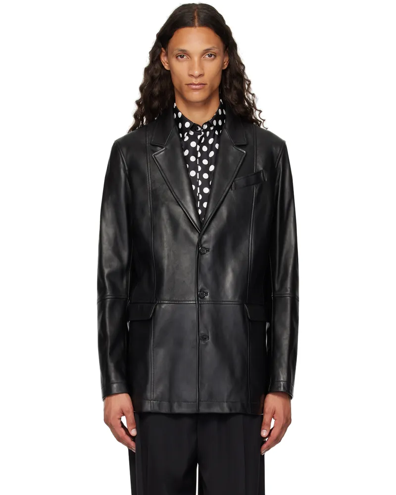 Moschino Black Notched Lapel Leather Jacket Black