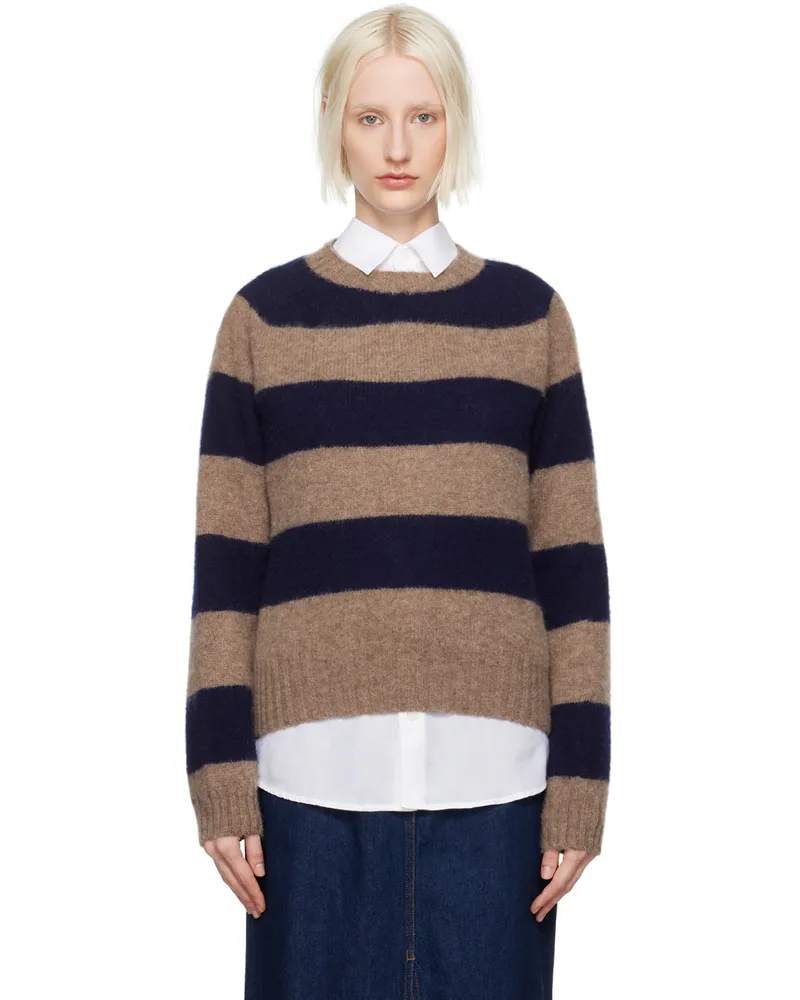 YMC Taupe & Navy Jets Stripe Sweater 40-navy