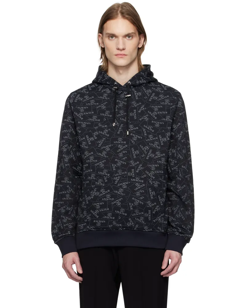 Balmain Black All-Over 'Balmain' Label Print Hoodie Eab