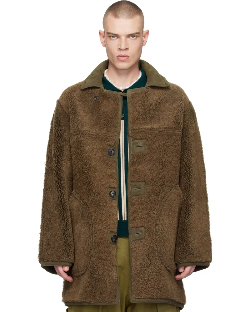 BODE Brown Ranch Reversible Shearling Coat Olive