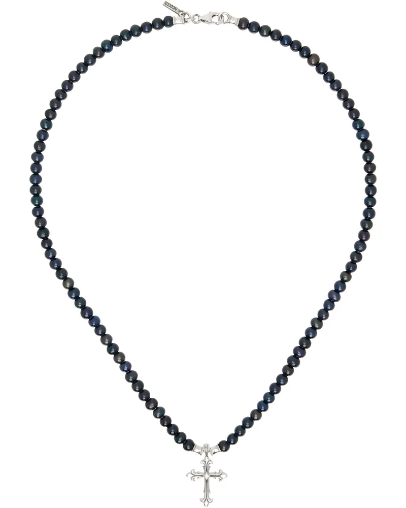 Emanuele Bicocchi SSENSE Exclusive Black & Silver Pearl Cross Necklace Silver