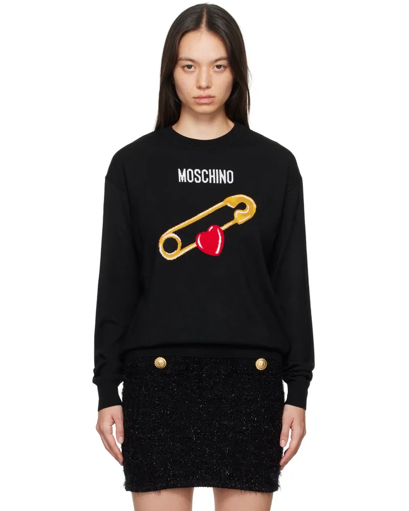 Moschino Black Intarsia Heart Safety Pin Sweater 3555