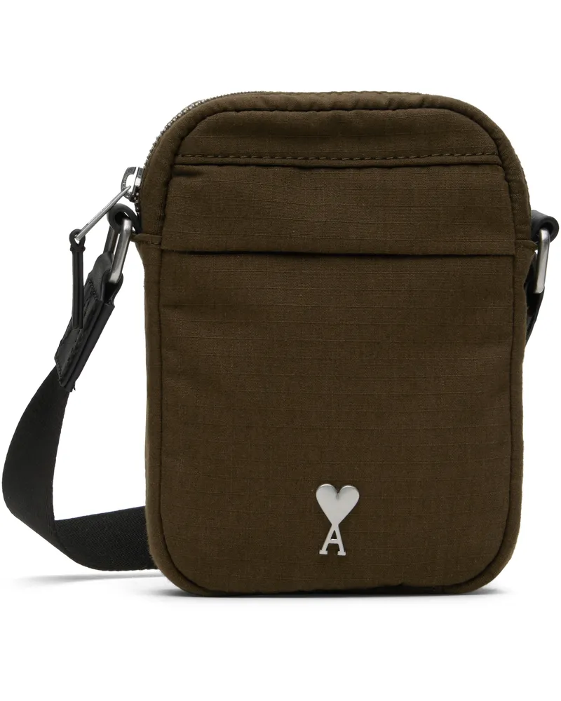 AMI Paris Khaki Canvas Small Ami de Coeur Crossbody Bag Black