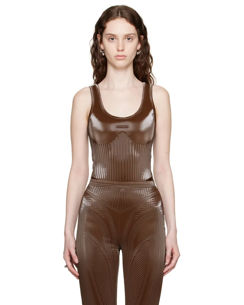 Thierry Mugler Brown Embossed Faux-Leather Bodysuit 7050