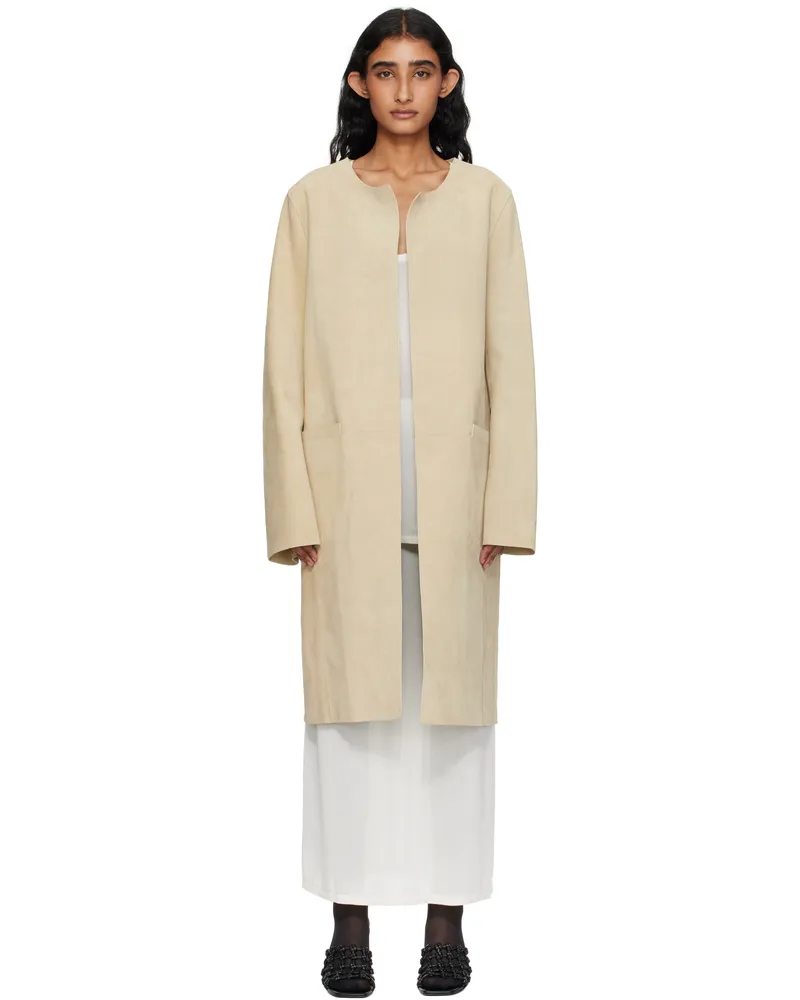 Totême Beige Collarless Suede Coat Peanut