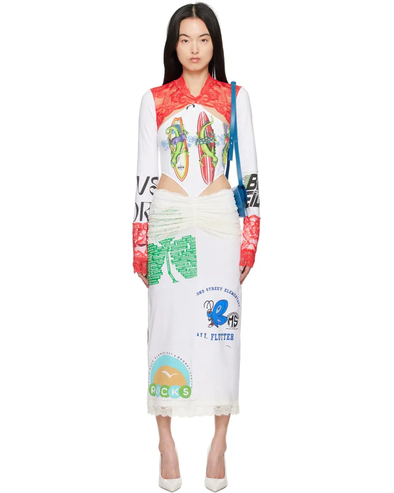 Marine Serre White & Red Regenerated T-Shirts & Lace Midi Dress Wh10