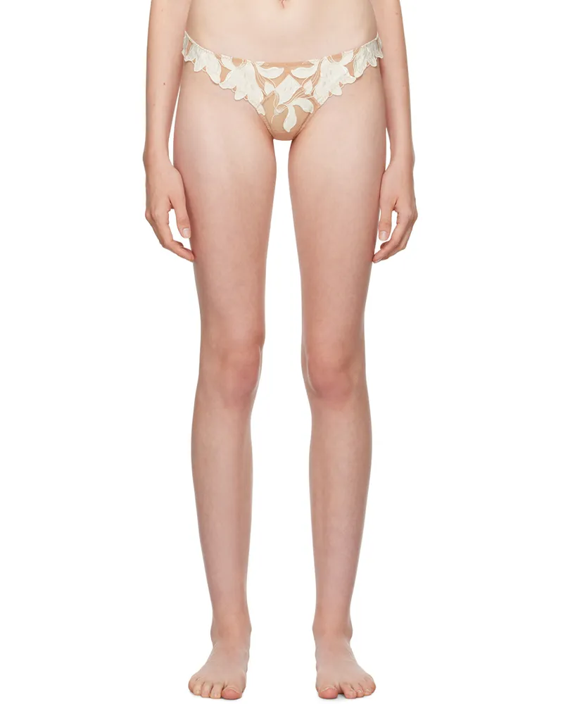 Fleur Du Mal Beige & White Lily Embroidery Hipster Thong 0300