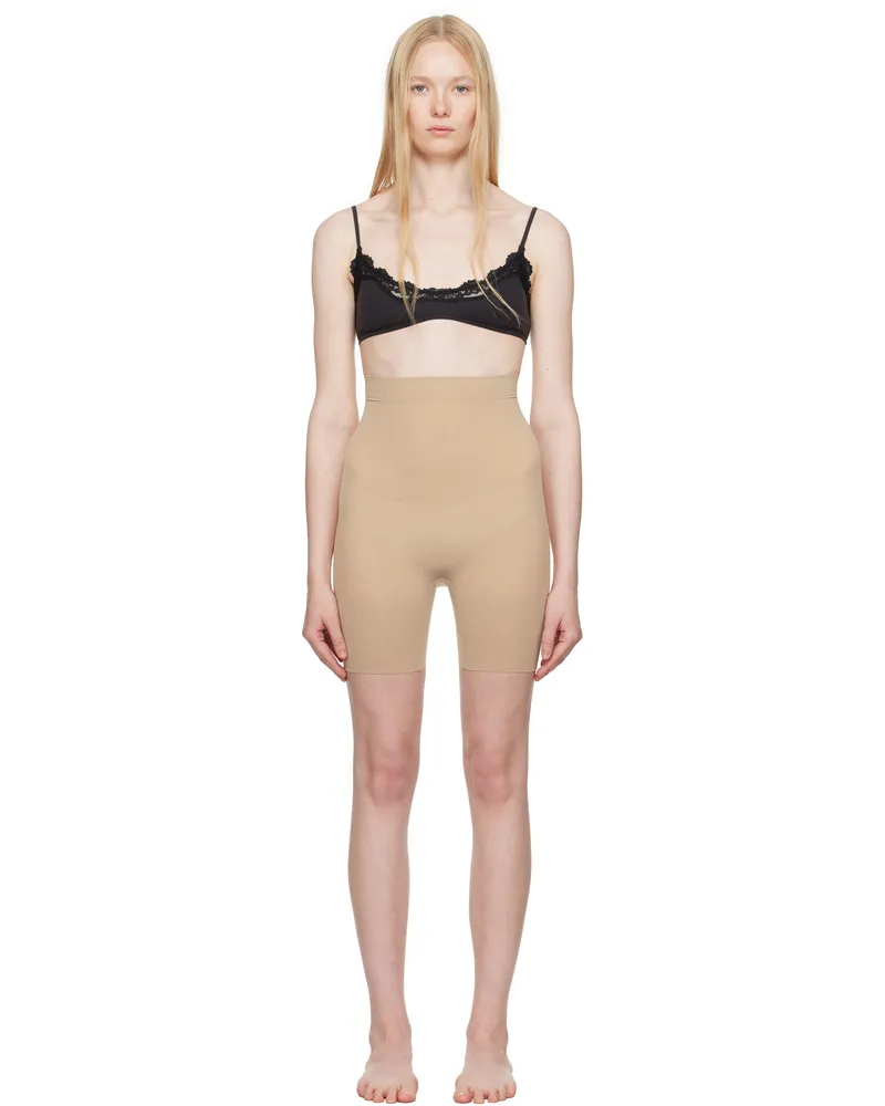 SKIMS Beige Sheer Seamless High-Waisted Mid Thigh Shorts Clay