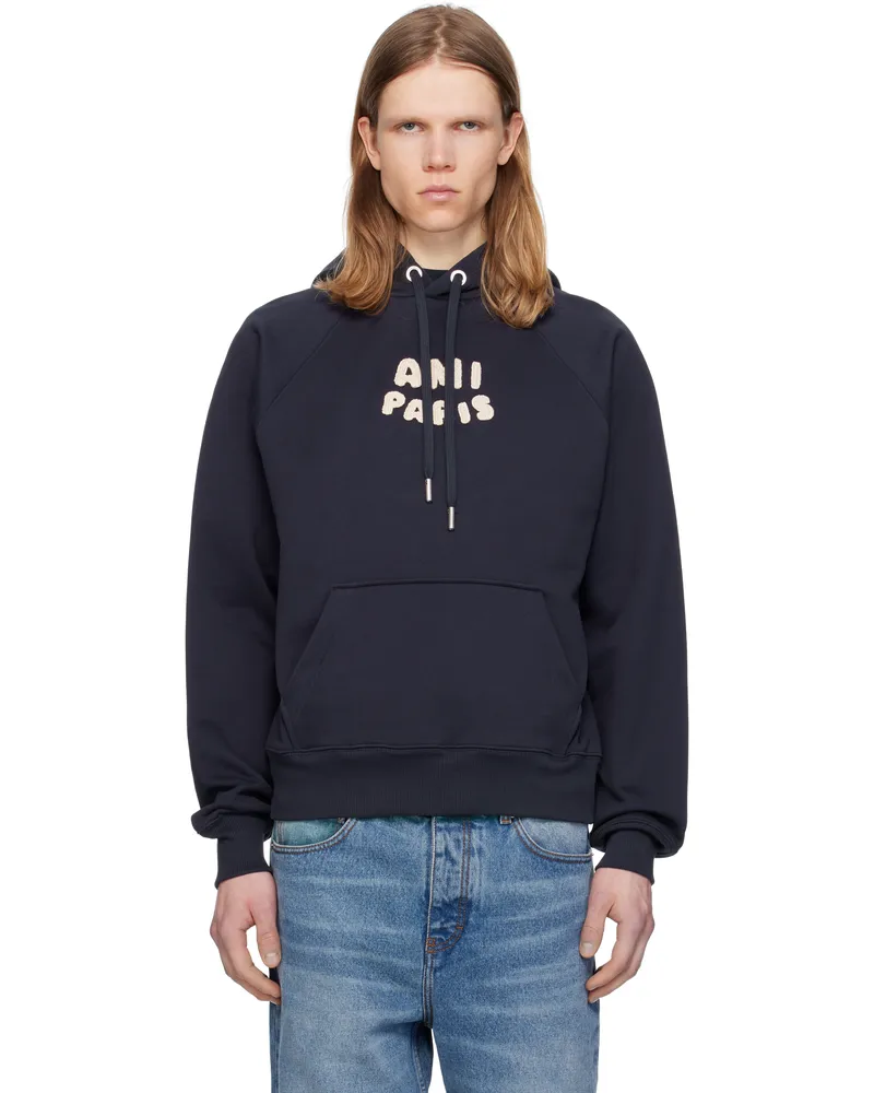 AMI Paris Navy Cotton 'Ami Paris' Patch Hoodie 4011