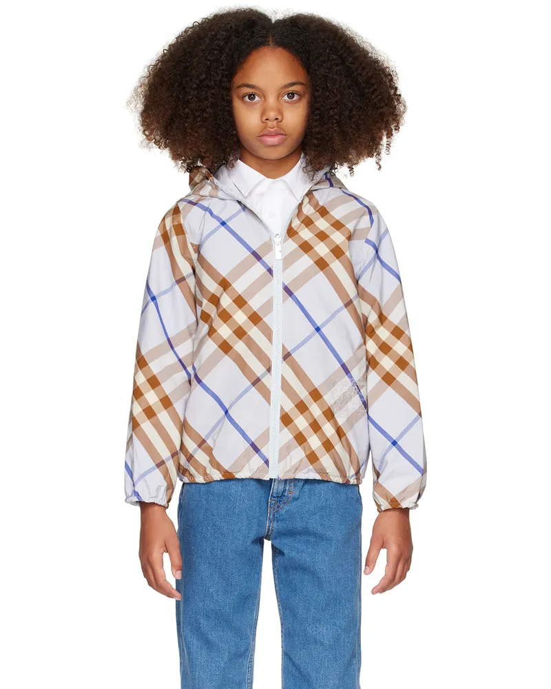 Burberry Kids Blue Check Cotton Blend Reversible Jacket Slate