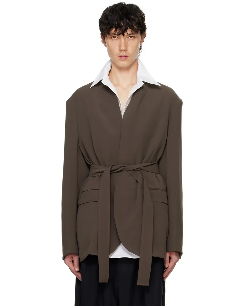 RAINMAKER KYOTO Taupe Stand Up Shawl Collar Blazer Sepia