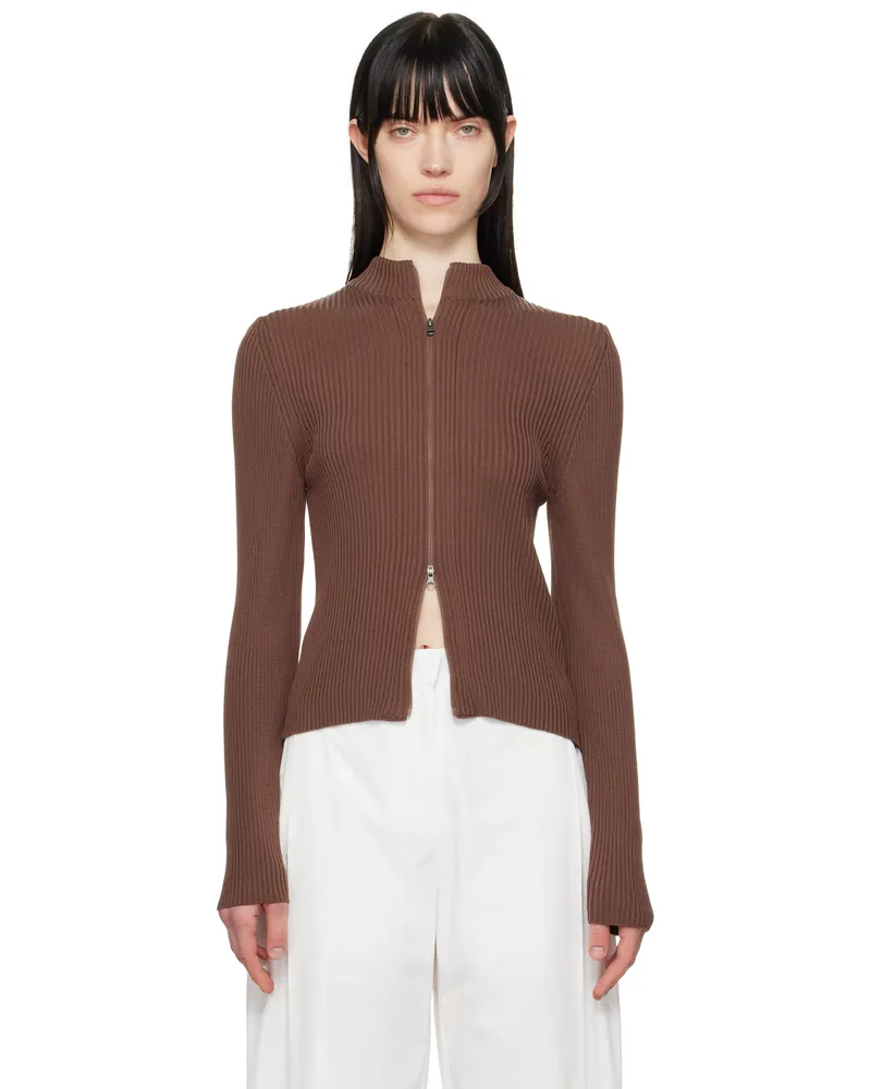 AMOMENTO Brown Ribbed Mock Neck Cardigan Brown