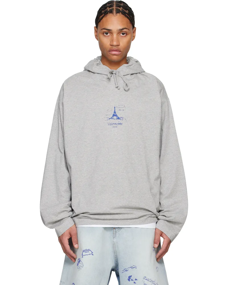VETEMENTS Gray Scribbled 'Paris' Jersey Hoodie Grey
