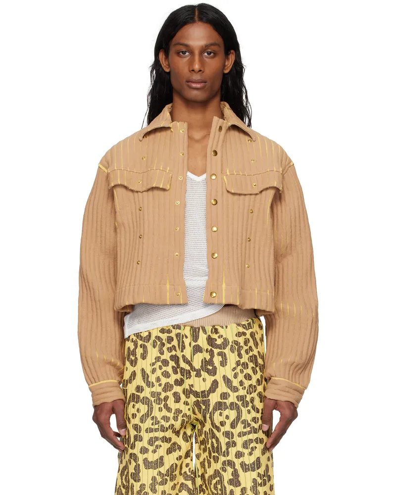 Stanley Raffington Beige & Yellow Ribbed Cropped Work Jacket Camel