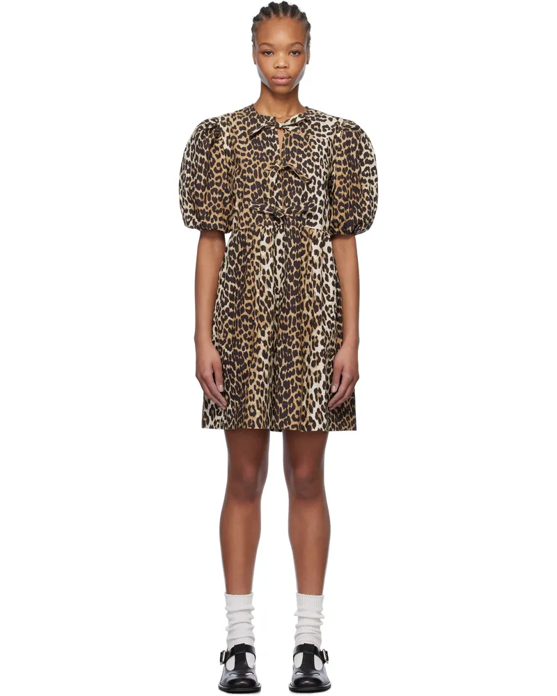 Ganni Brown Leopard Printed Cotton Tie String Minidress 943