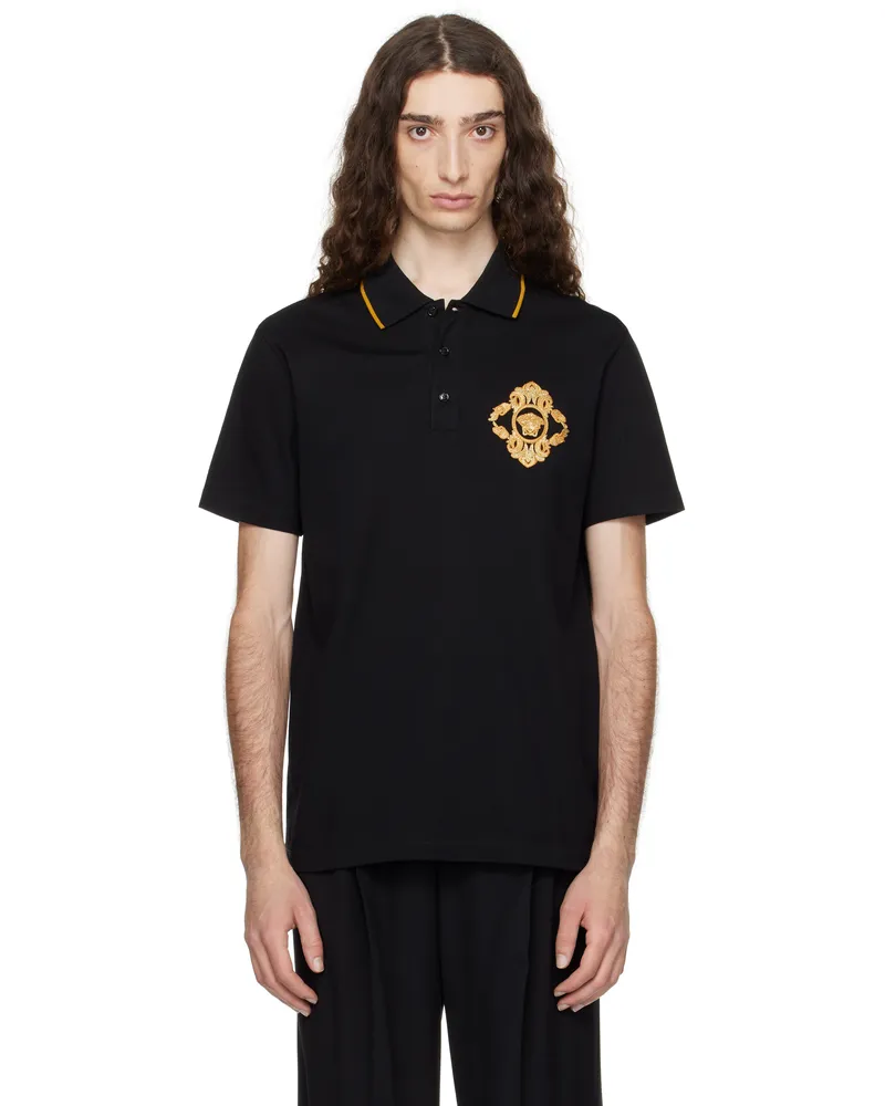 Versace Black Embroidered Architectural Baroque Polo 1b000-black