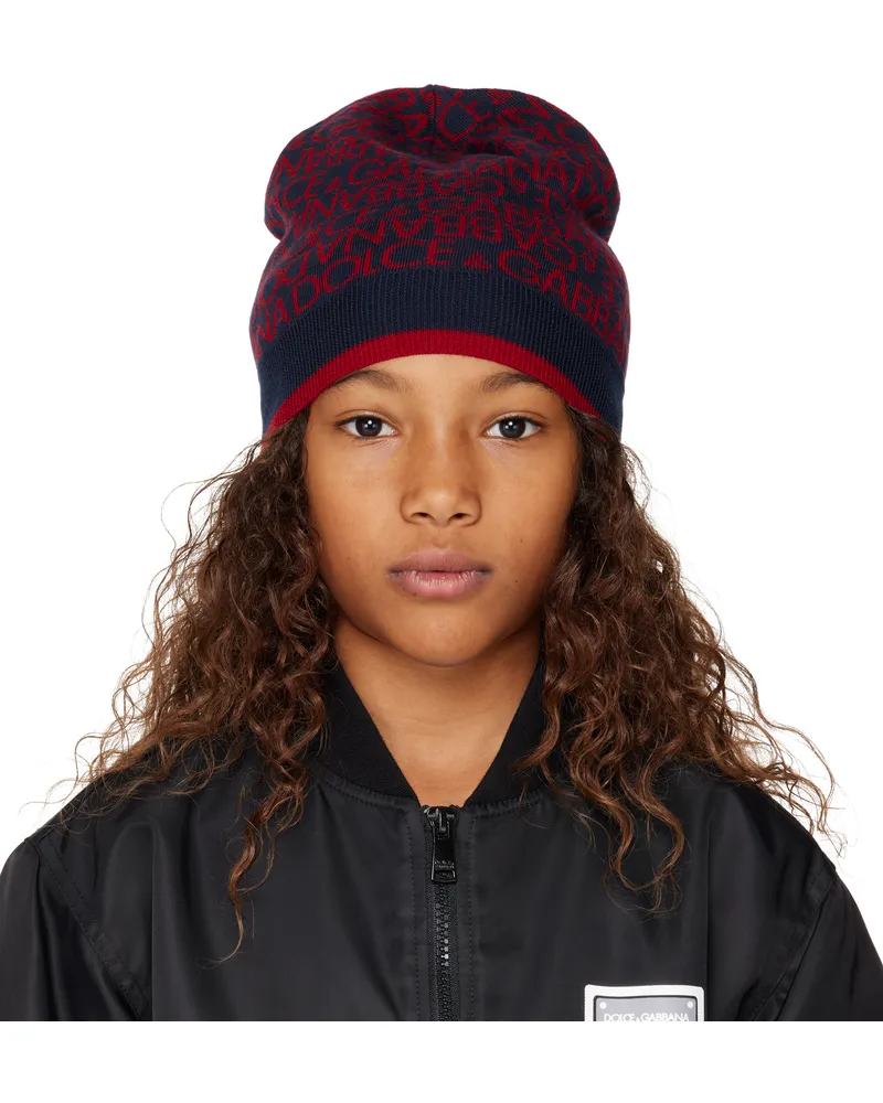 Dolce & Gabbana Kids Navy & Red Jacquard Knit Beanie S9000