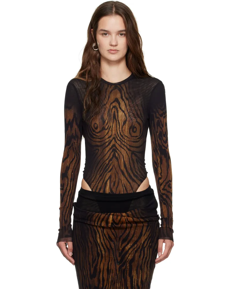 Jean Paul Gaultier Black Mesh Double Layer Printed Wood Bodysuit 0060