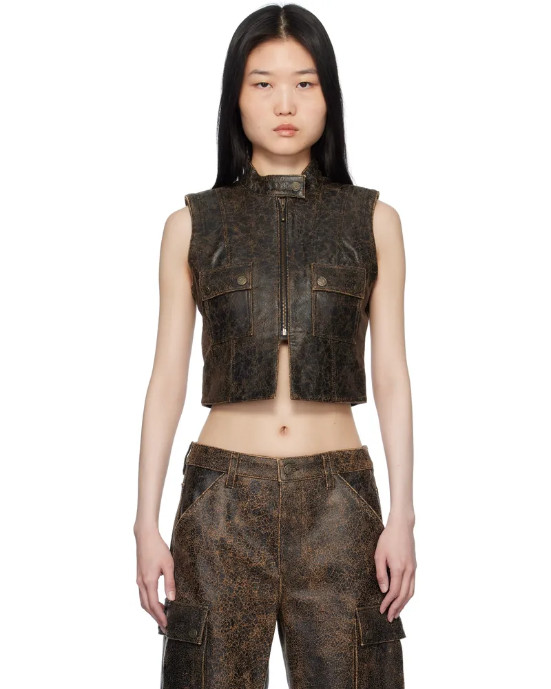 Guess Brown Crackled Leather Vest A11a