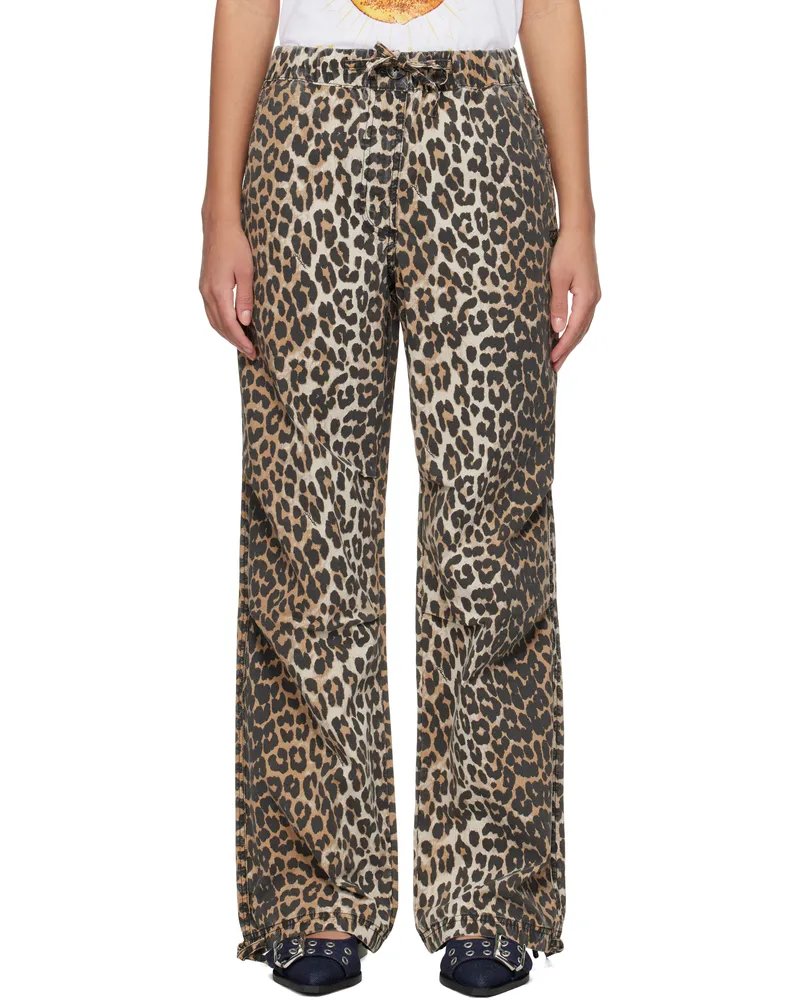 Ganni Brown Leopard Washed Cotton Canvas Drawstring Trousers 859