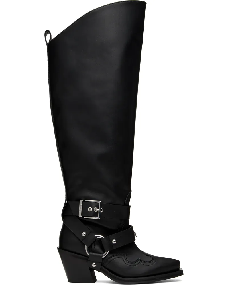 Ganni Black High Shaft Embroidered Western Tall Boots 099