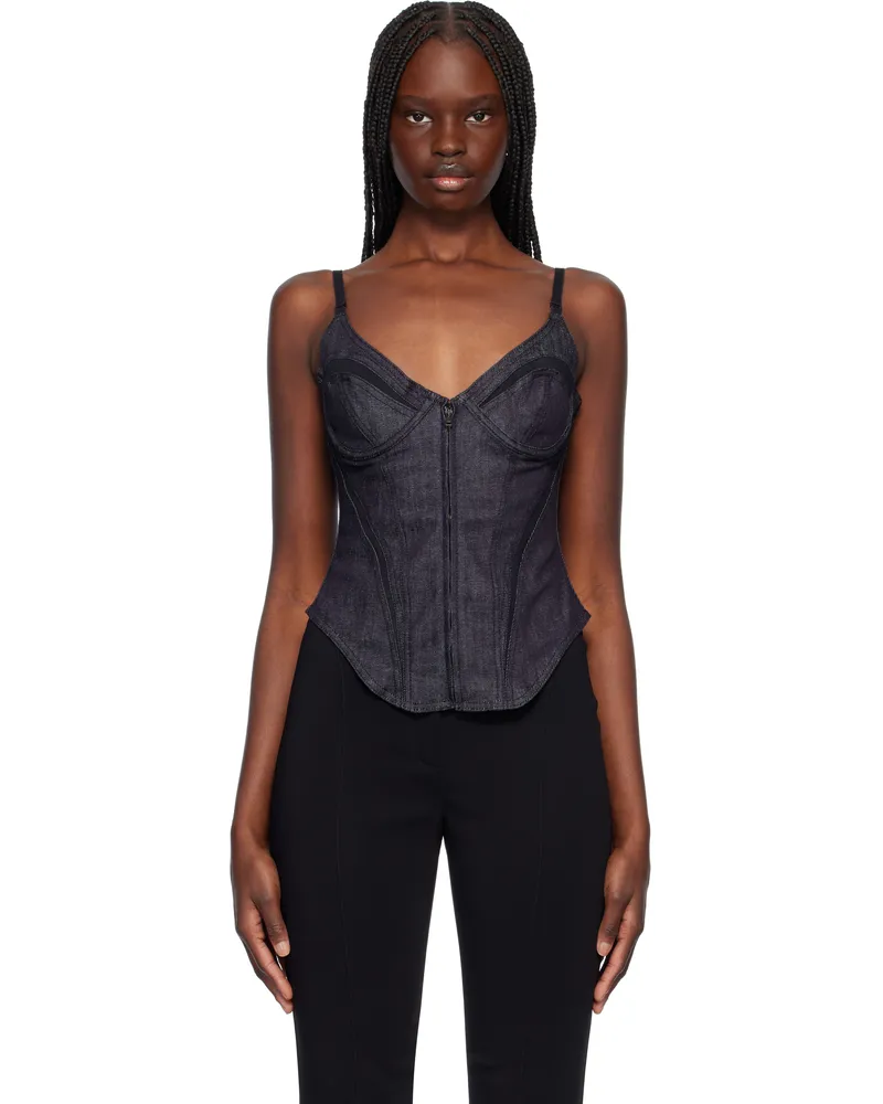 Thierry Mugler Navy Mesh Corseted Raw Denim Top Rd699