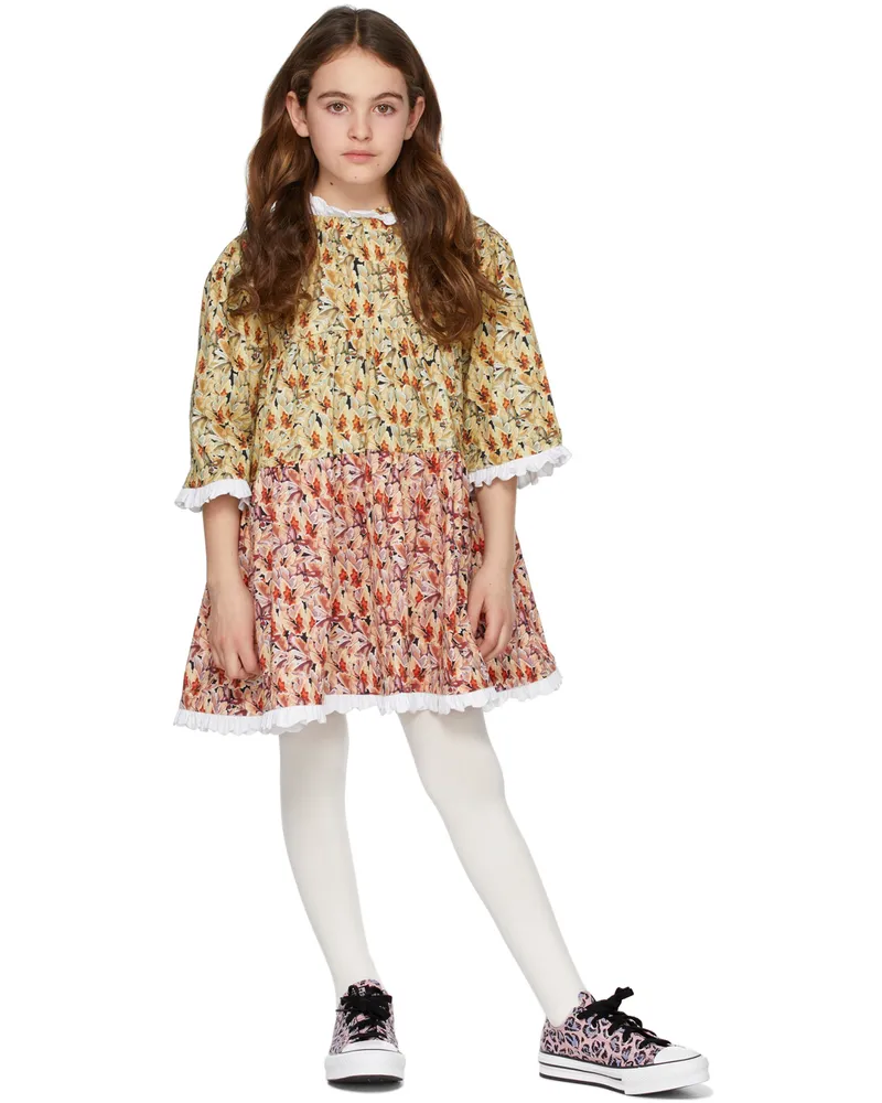 Kika Vargas Kids Khaki & Pink Florie Bicolor Printed Dress Red