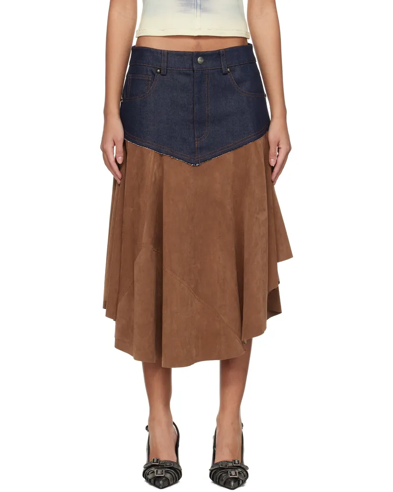 Andersson Bell Navy & Brown Fairy Faux-Suede Midi Skirt Brown