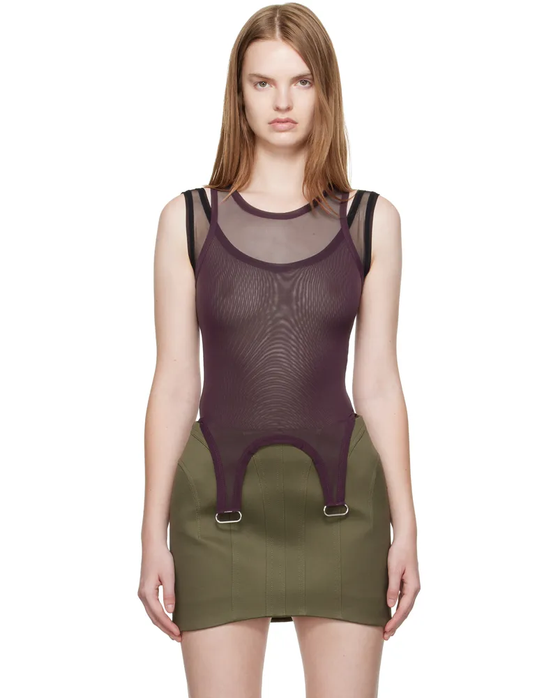 Thierry Mugler Burgundy & Black Mesh Love Tank Bodysuit B3194