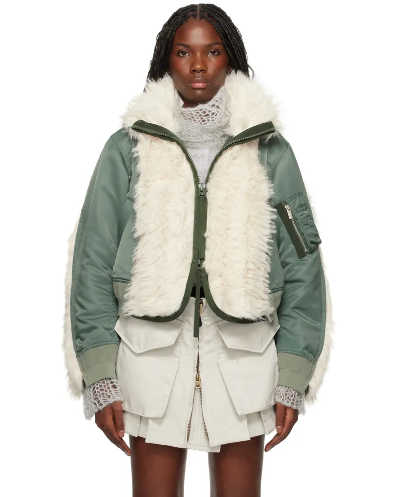 Sacai Khaki & Off-White Faux Fur & Nylon Twill Bomber Jacket 063