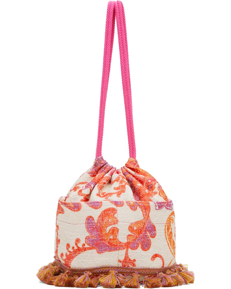 Anna Sui Pink & Off-White Arabesque Linen Tassel Crossbody Bag Coral